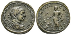 Elagabalus 218-222
Sestertius, Rome, 221, AE 25.45 g. Avers : IMP CAES M AVR ANTONINVS PIVS AVG Buste lauré et drapé à droite Revers : P M TR P IIII C...