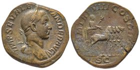Severus Alexander 222-235
Sestertius, Rome, 229, AE 21.62 g.
Avers : IMP SEV ALEXANDER AVG Tête laurée à droite, l'épaule gauche drapée
Revers : PM TR...