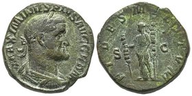Maximinus I 235-238
Sestertius, Rome, 235-236, AE 19.15 g.
Avers : IMP MAXIMINVS PIVS AVG Bvuste lauré, drapé et cuirassé à droite
Revers : FIDES MILI...
