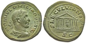 Philippus I 244 - 249 Sestertius, 248 AD, AE 19.97 g. Avers : IMP M IVL PHILIPPVS AVG Buste drapé et lauré à droite Revers : SAECVLVM NOVVM SC Temple ...