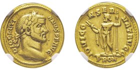 Diocletianus 284 - 286
Aureus, Rome, AU 5.67 g.
Avers : DIOCLETIANVS P F AVG Tête lauré à droite
Revers : IOVI CONSERVAT AVGG à l'exergue PROM Jupiter...