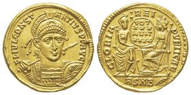 Constantius II 337-361
Solidus, Rome, AU 4.44 g.
Avers : FL IVL CONST ANTIVS PF AVG Buste diadémé, casqué et cuirassé de Constance II auguste de face,...
