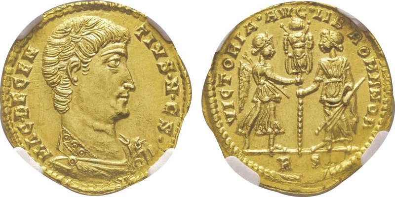 Decentius 350-353 (Usurpateur)
Solidus 351-352, Rome, AU 4.42 g.
Avers : MAG . D...