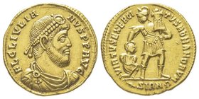 Julianus II 360-363
Solidus, Sirmium, 362-363, AU 4.48 g.
Avers : FL CL IVLIANVS P P AVG Buste diademé et cuirassé à droite
Revers : VIRTVS EXERCITVS ...