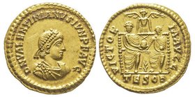 Valentinianus II 375-392
Solidus, Thessalonique, 379-383, AU 4.39 g. Ref : C. 36, RIC 34e, Dep. 35/4 Conservation : Superbe, petites rayures