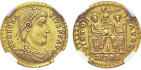 Theodosius I 379-395 (Empereur d’Orient)
Solidus, Sirmium, 383-388 AU 4.48 g. Ref : C.37, RIC 9c, Dep. 29/3 Conservation : NGC AU⭑5/5 - 4/5