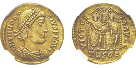 Theodosius I 379-395 (Empereur d’Orient)
Solidus, Thessalonique, 379, AU 4.5 g. Ref : C.347, RIC 34c, Dep. 34/3 Conservation : NGC MS 5/5 - 3/5