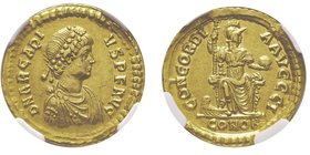 Arcadius 383-408 (Empereur d’Orient)
Solidus, Constantinople, 383-388, AU 4.42 g. Ref : RIC 67c, Dep. 46/3 Conservation : NGC AU 5/5 - 3/5 infimes ray...