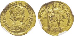 Maioranus 457–461
Solidus, Arles, 458-461, AU 4.42 g.
Avers : DN IVLIVS MAIORIANVS PF AVG Buste casqué, diadémé, drapé et cuirassé de Majorien à droit...