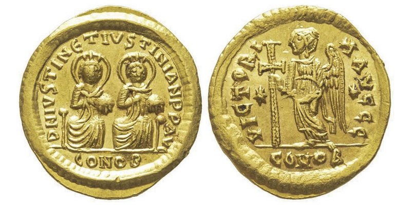 Justin I et Justinian I 527
Solidus hybride de Thessalonique, 527, AU 4.42 g. Av...