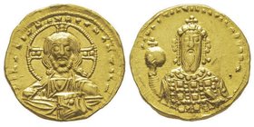 Constantin VIII 1025-1028
Tetarteron, Constantinople, AU 4.09 g.
Avers : Buste nimbé du Christ de face, bénissant et tenant les Evangiles. Deux globul...