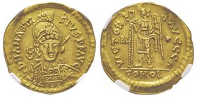 Théoderic, 493-526, Monnayage au nom de Anastasius Solidus, Rome, 492-518, AU 4.19 g. Ref : Hahn 91, MEC 1, 112 Conservation : NGC Choice XF 5/5 - 4/5...