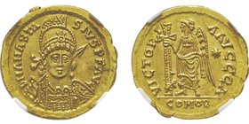 Solidus, Rome, 492-518, AU 4.43 g.
Avers : N ANASTASIVS P F AVC Visage de trois quarts diadèmé, casqué et cuirassé, tenant une lance et un bouclier dé...