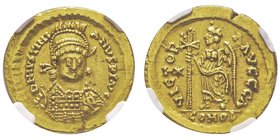 Athalaric 526-534 au nom et au type de Justinien 1er
Solidus, Rome, AU 4.45 g.
Avers : D N IVSTINI ANVS P F AVG Buste de l’empereur, casqué de face, l...