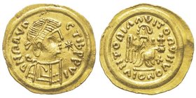 Monnayage au nom de Maurice Tiberius 582-602
Tremissis, Pavia, avec étoile, AU 1.47 g.
Avers : DNM AVG cTIb PP VI
Revers : VIITORIΛ ΛVITOAVH VONOI
Ref...