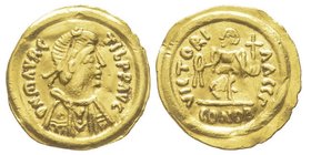 Monnayage au nom de Maurice Tiberius 582-602
Tremissis, faux d’époque?, Pavia, AU 2.18 g. Ref : - Conservation : TTB. Très Rare