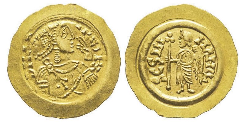 Aripert II 701-712
Tremissis, avec main (hand) à l'avers, AU 1.35 g.
Ref : MIR 7...