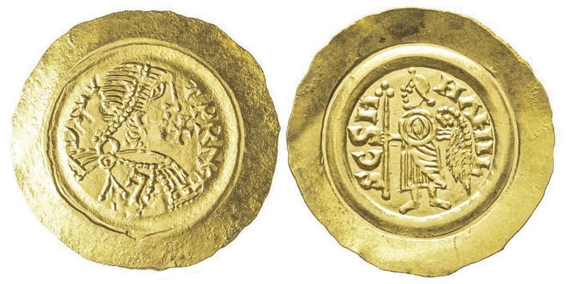 Liutprand 702-712
Tremissis, AU 1.26 g.
Avers : Buste diadémé à droite, autour D...