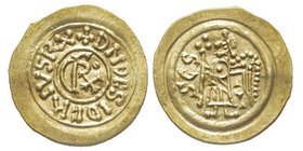 Aistulf, 749-758
Desiderius 757-774 Tremissis, 756-757, 1ère typologie avec St. Michel, AU 1.09 g. 18 mm Avers : DN DESIDERIUS RX + Monogramme (Monogr...