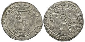 Monaco
Honoré II 1604-1661
Izelotte de 28 sols, ND 1657, AG 19.33 g.
Avers : . RUET. DIVI (28) SA . CIVITAS . (Une cité divisée s'écroulera) Ecu couro...