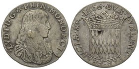 Monaco, Louis I 1662-1701 
1/2 Écu ou 30 Sols, 1666, molette/point, AG 13.49 g.
Ref : G. MC56a, CC 71, KM#43.1
Conservation : flan fissuré et manque d...
