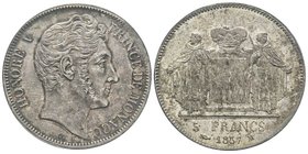 Monaco, Honoré V 1819-1841
5 Francs, 1837, AG 25 g.
Ref : G. MC107, KM#96
Conservation : PCGS AU58. Superbe, belle patine
