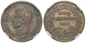 Monaco, Honoré V 1819-1841
5 centimes épreuve non adoptée, 1838, tranche lisse, Cu 
Ref : G. MC110
Conservation : PCGS MS62 RB