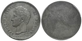 Monaco, Honoré V 1819-1841
5 centimes épreuve uniface de l'avers, 1838, tranche lisse, AE 
Ref : G. MC110
Conservation : PCGS SP62 BN. Rarissime