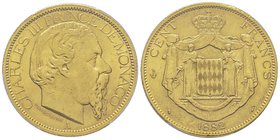 Monaco, Charles III 1856-1889
100 Francs, 1882 A, AU 32.25 g.
Ref : G. MC122, CC 79, Fr. 11
Conservation : PCGS MS63+. 
Quantité : seulement 5000 exem...