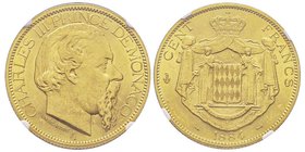 Monaco, Charles III 1856-1889
100 Francs, 1884 A, AU 32.25 g.
Ref : G. MC122, CC 79, Fr. 11
Conservation : NGC MS63
Quantité : 15000 exemplaires