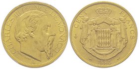 Monaco, Charles III 1856-1889
100 Francs, 1886 A, AU 32.25 g.
Ref : G. MC122, CC 79, Fr. 11
Conservation : PCGS MS63
Quantité : 15000 exemplaires