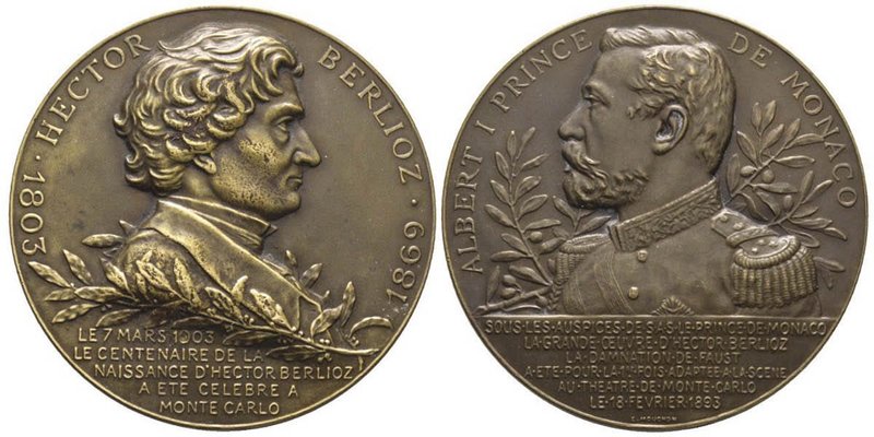 Monaco, Albert Ier 1889-1922
Médaille en bronze pour Berlioz, AE 68.5 g. 50mm
Av...