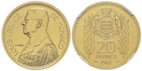 Monaco, Louis II 1922-1949
20 Francs piéfort, 1947, AU 37.8 g. 920 ‰
Ref : G. MC137, KM#PE5
Conservation : NGC MS62 
Quantité : 26 exemplaires. Rariss...