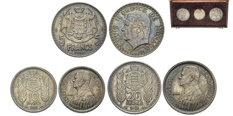 Monaco, Louis II 1922-1949
Coffret avec 5, 10 et 20 Francs ESSAI, 1945, AG 14.7 ...