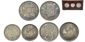 Monaco, Louis II 1922-1949
Coffret avec 5, 10 et 20 Francs ESSAI, 1945, AG 14.7 - 8.5 et 12.3 g.
Avers : LOUIS II PRINCE DE MONACO, tête à gauche, au-...