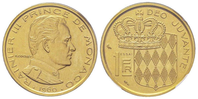 Monaco, Rainier 1949-2005
Piéfort en or de 1 franc, 1960, AU 23.1 g. 920‰ Avers...