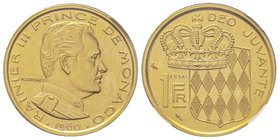 Monaco, Rainier 1949-2005
Piéfort en or de 1 franc, 1960, AU 23.1 g. 920‰ Avers : RAINIER III PRINCE DE MONACO, tête à droite; au-dessous (1960) et...