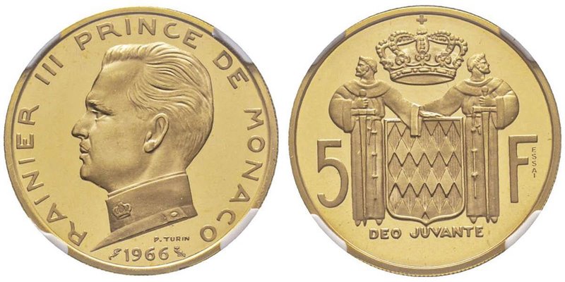 Monaco, Rainier 1949-2005
Essai en or de 5 Francs, 1966, AU 20.7 g. 920‰
Ref : G...