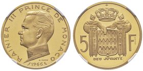 Monaco, Rainier 1949-2005
Essai en or de 5 Francs, 1966, AU 20.7 g. 920‰
Ref : G. MC152
Conservation : NGC PF69 ULTRA CAMEO
Quantité : 500 exemplaires...