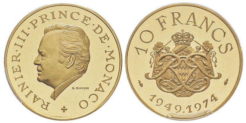 Monaco, Rainier 1949-2005
Piéfort en or de 10 Francs, 1974, AU 38.8 g. 920‰
Ref ...