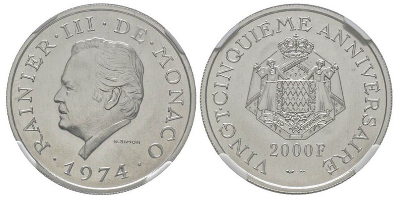 Monaco, Rainier 1949-2005
2000 Francs, 25ème anniversaire de règne, 1974, Platin...