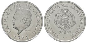 Monaco, Rainier 1949-2005
2000 Francs, 25ème anniversaire de règne, 1974, Platine 19.98 g.
Ref : G. MC170
Conservation : NGC Proof 69