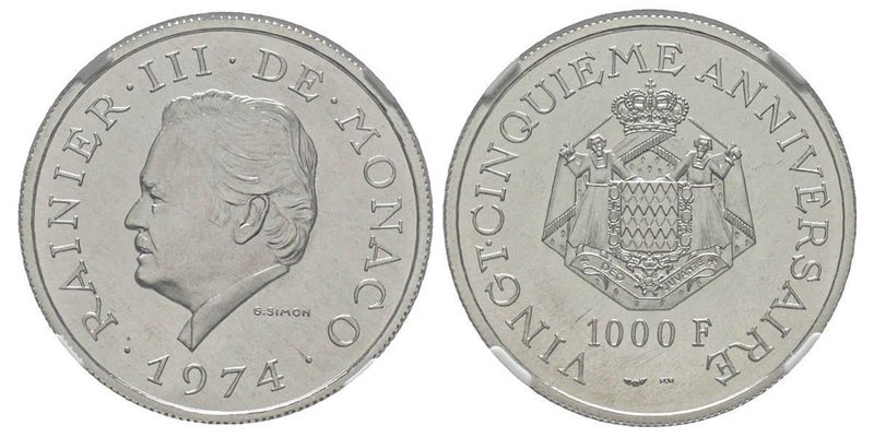 Monaco, Rainier 1949-2005
1000 Francs, 25ème anniversaire de règne, 1974, Platin...