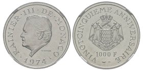 Monaco, Rainier 1949-2005
1000 Francs, 25ème anniversaire de règne, 1974, Platine 9.97 g.
Ref : G. MC169
Conservation : NGC Proof 69