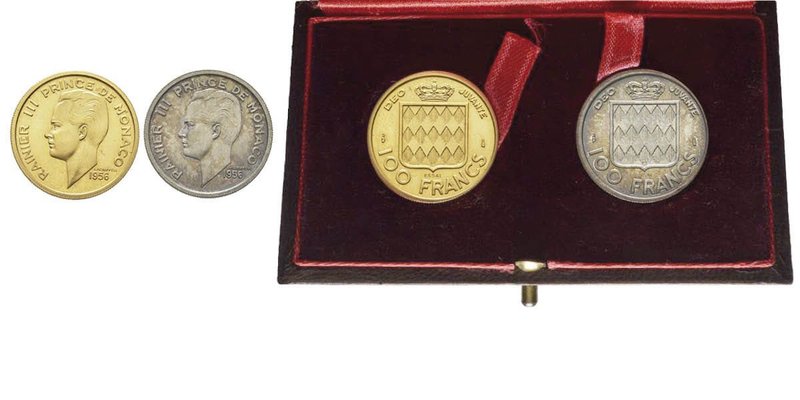 Monaco, Rainier 1949-2005
Coffret avec 100 Francs ESSAI en or et en argent, 1956...