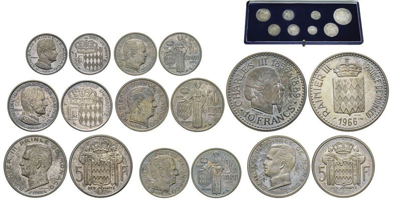 Monaco, Rainier 1949-2005
Coffret avec 10, 20 et 50 cent
et 1/2 Fr 1965, 1 Fr 19...