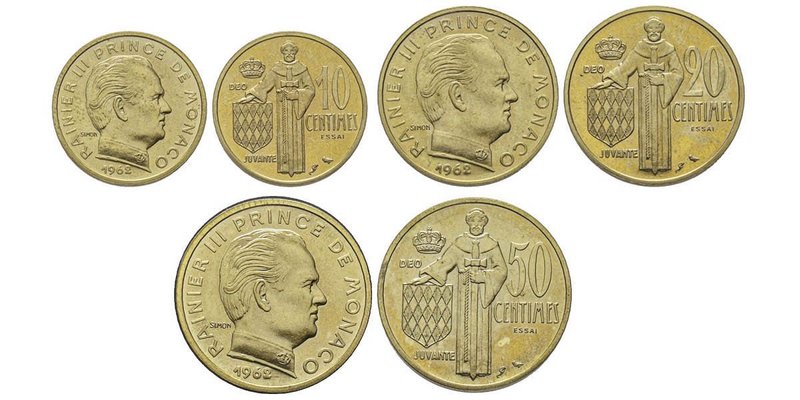 Monaco, Rainier 1949-2005
Coffret avec 10, 20 et 50 centimes ESSAI, 1962, Cu-Al ...
