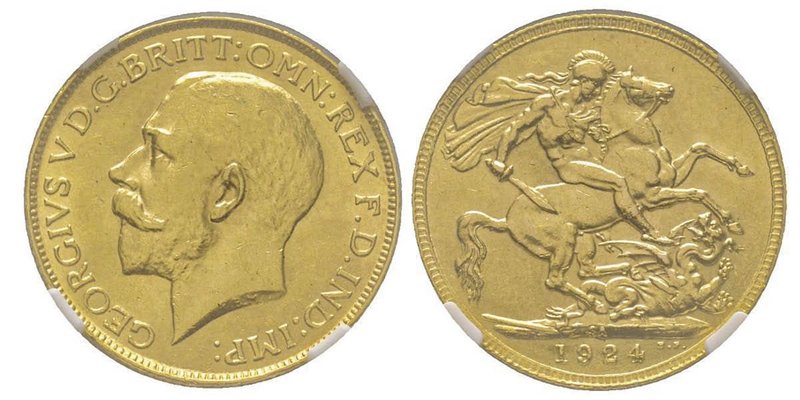 Afrique du Sud
George V 1910-1936 
Sovereign, Pretoria, 1924SA, AU 7.98 g. 
Ref ...