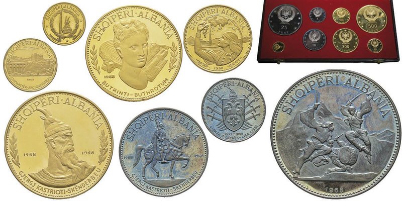 Albanie, République
Série de 8 monnaies, 1968, 500-200-100-50 et 20 Leke en or e...