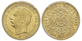 Baden, Friedrich II 1907-1918
20 Mark, 1913 G, AU 7.96 g.
Ref : Fr. 3760, KM#284, J. 192
Conservation : PCGS MS63